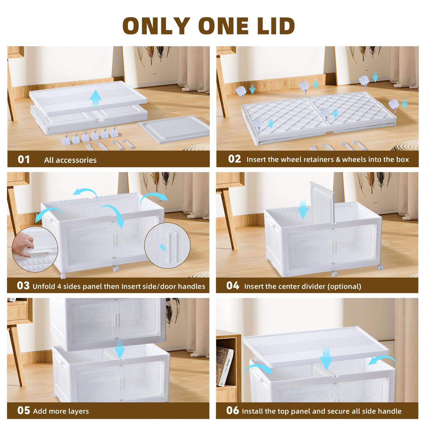 FINCHESCLUB 568QT/141Gal XL Stackable Storage Bins with Lids, Foldable Storage Bins with Doors, Wheels, and Lights - Collapsible Closet Cabinets for Home Office, 3 Pack - White