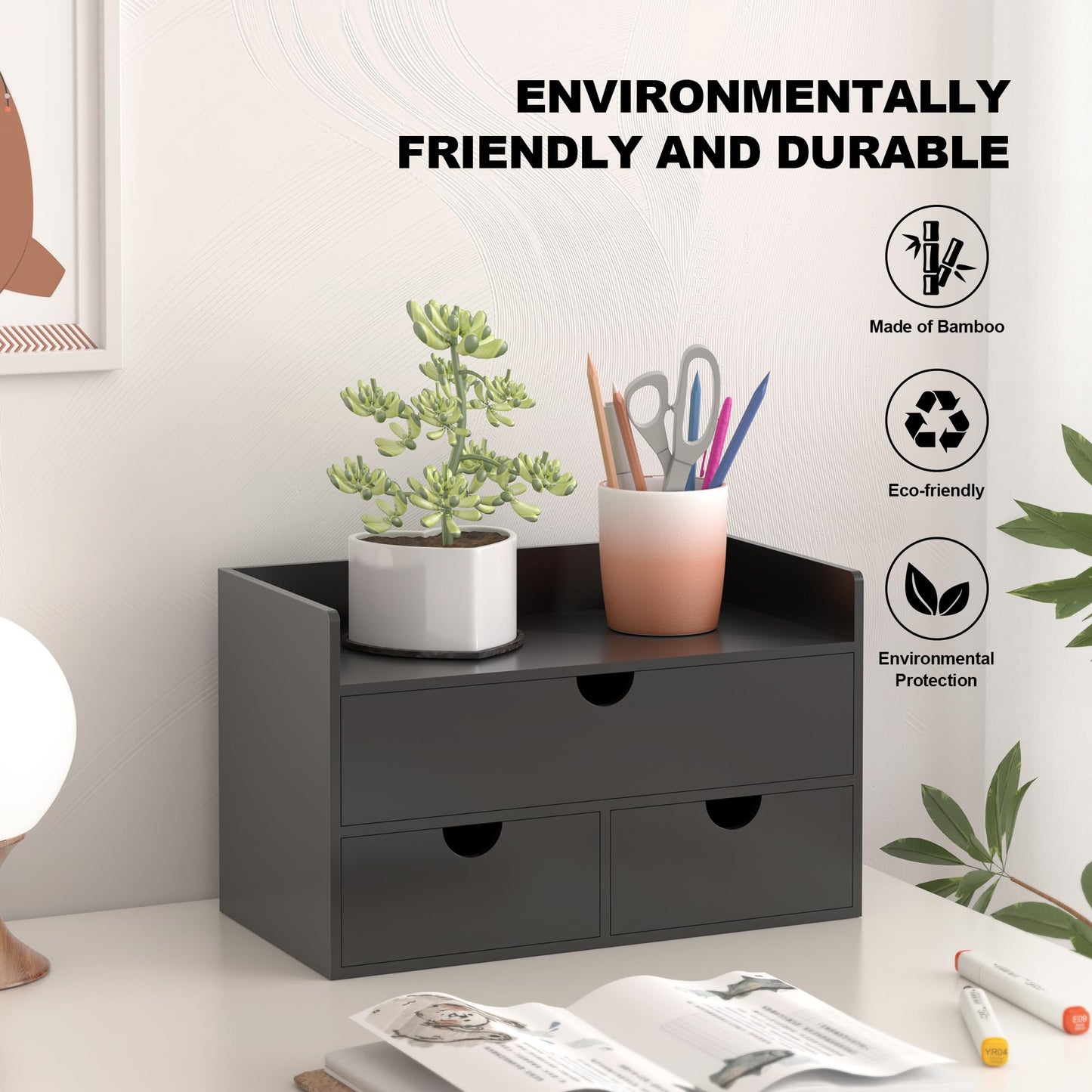 Bamboo Desk Organizer with Drawers Desktop Storage Drawers for Bills Office Supplies Kitchen Utensils Organizing Tool for Home Classroom Organization No Assembly (Black with Shelf)