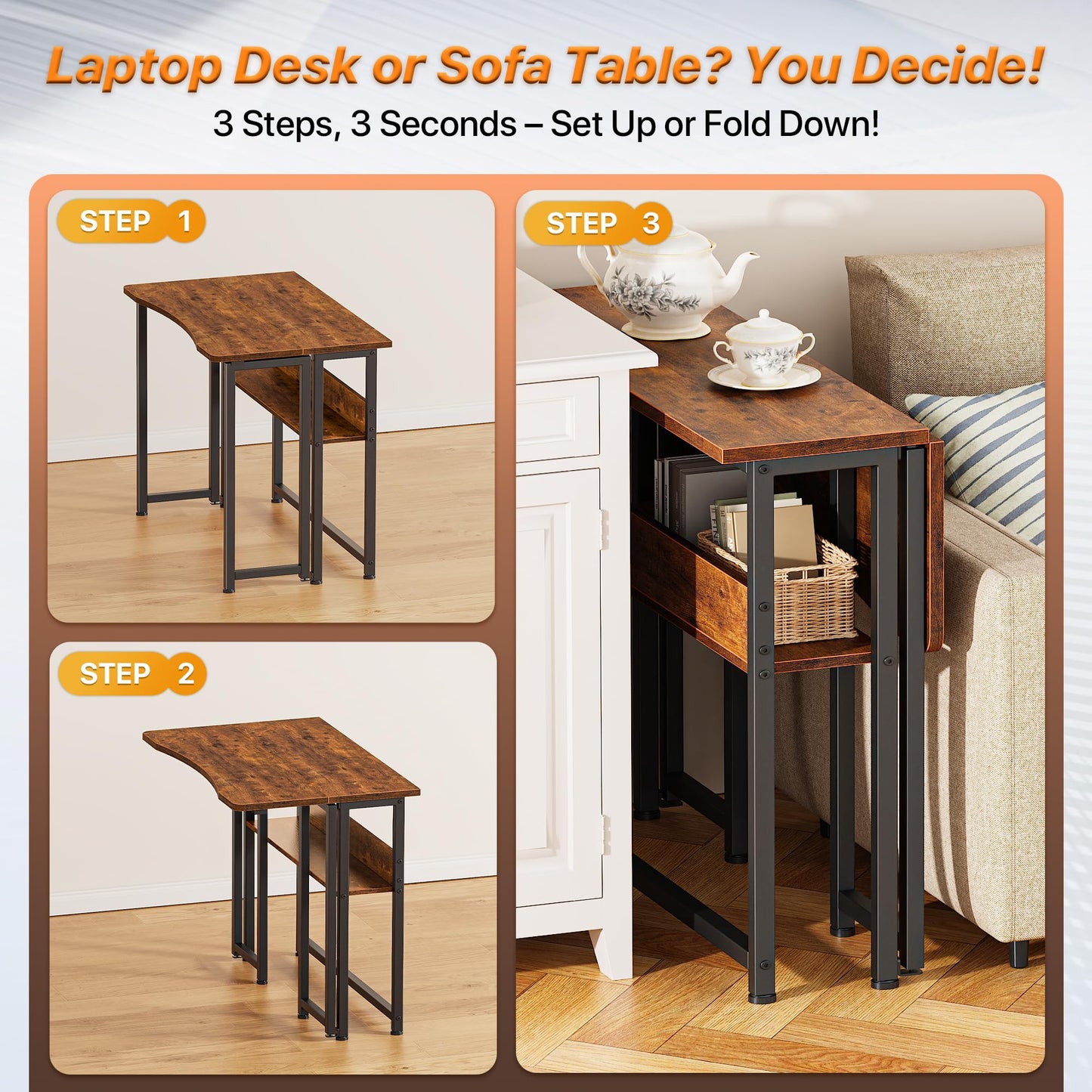 Huuger Folding Desk with Storage Shelf, 31.5 Inch Foldable Computer Table for Small Spaces, Space Saving Sofa Table for Couch, Writing Work Office Computer Desk, Easy to Fold, Rustic Brown