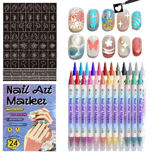 Nail Art Acrylic Marker Pens with Stencils, 24 Colors Dual Tip Water-Based Markers, 14 Nail Stickers Heart Butterfly Flowers Star Designs, Quick-Dry DIY Nail Tools for Women and Girls