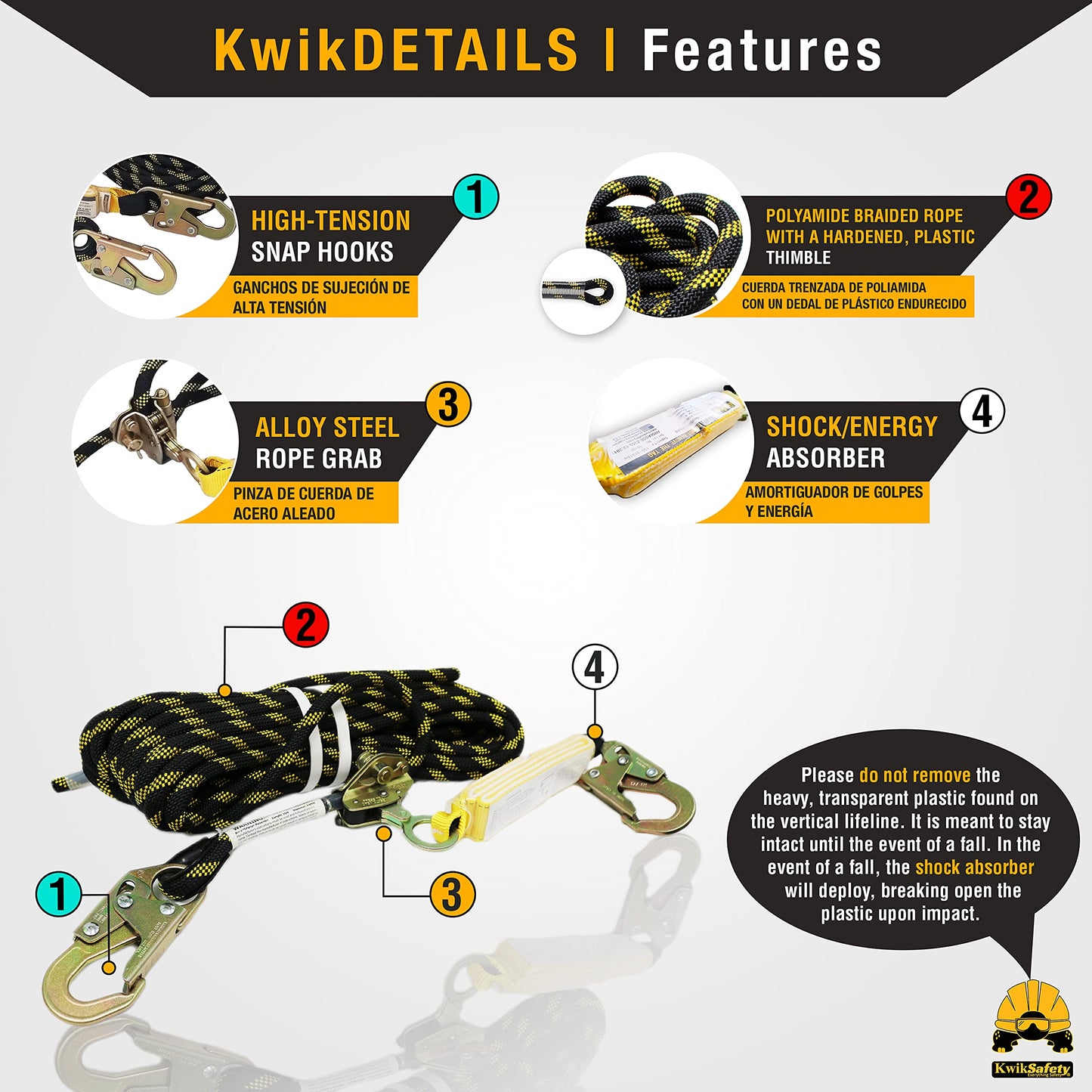 KwikSafety - Charlotte, NC - GATOR [COMBO] Temporary Reusable Roof Anchor + 50’ Vertical Lifeline Rope Assembly ANSI Tested OSHA Compliant PPE Fall Protection System D Ring Fall Arrest Equipment