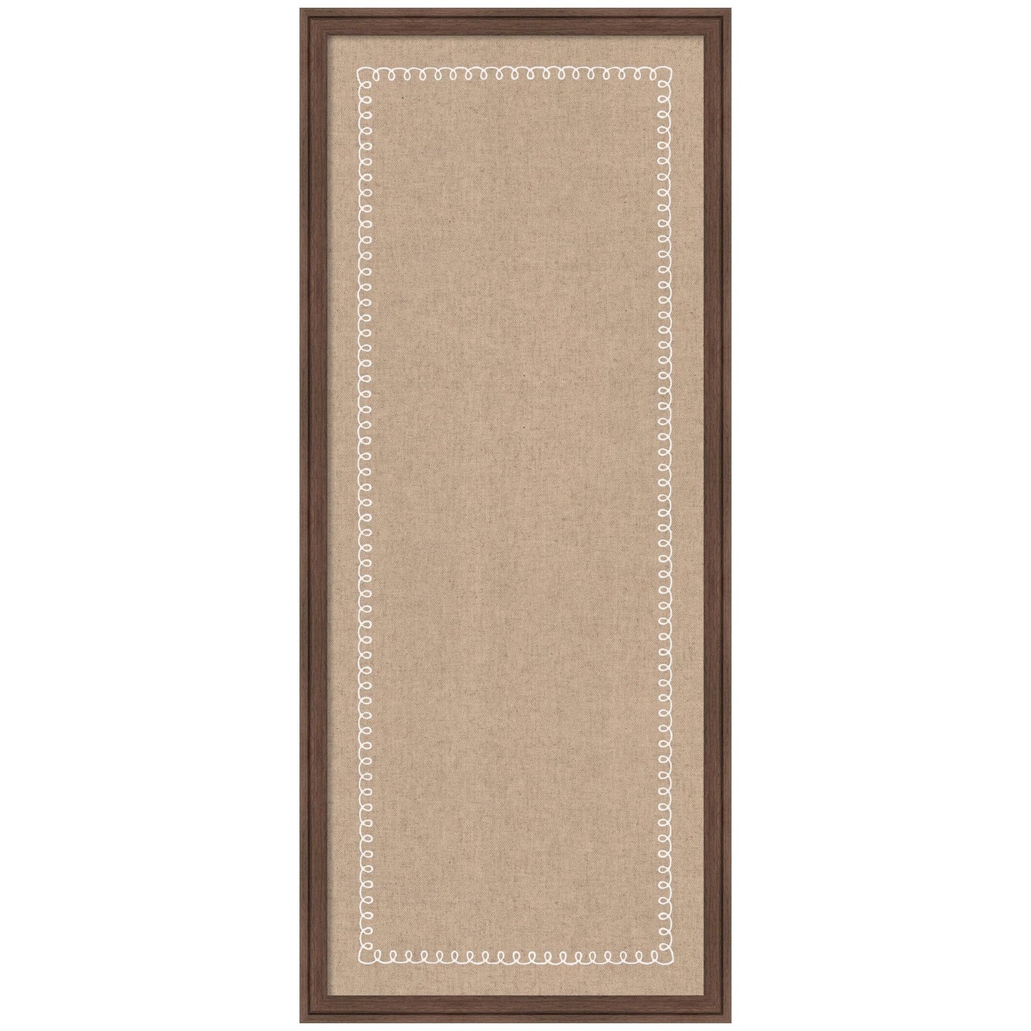 Kate and Laurel Framed Fabric Pinboard 18 x 42, White Scalloped Edge Printed Linen Classic Bulletin Board for Use as a Vision Board or Wall Organization, Florence Medium Brown Frame