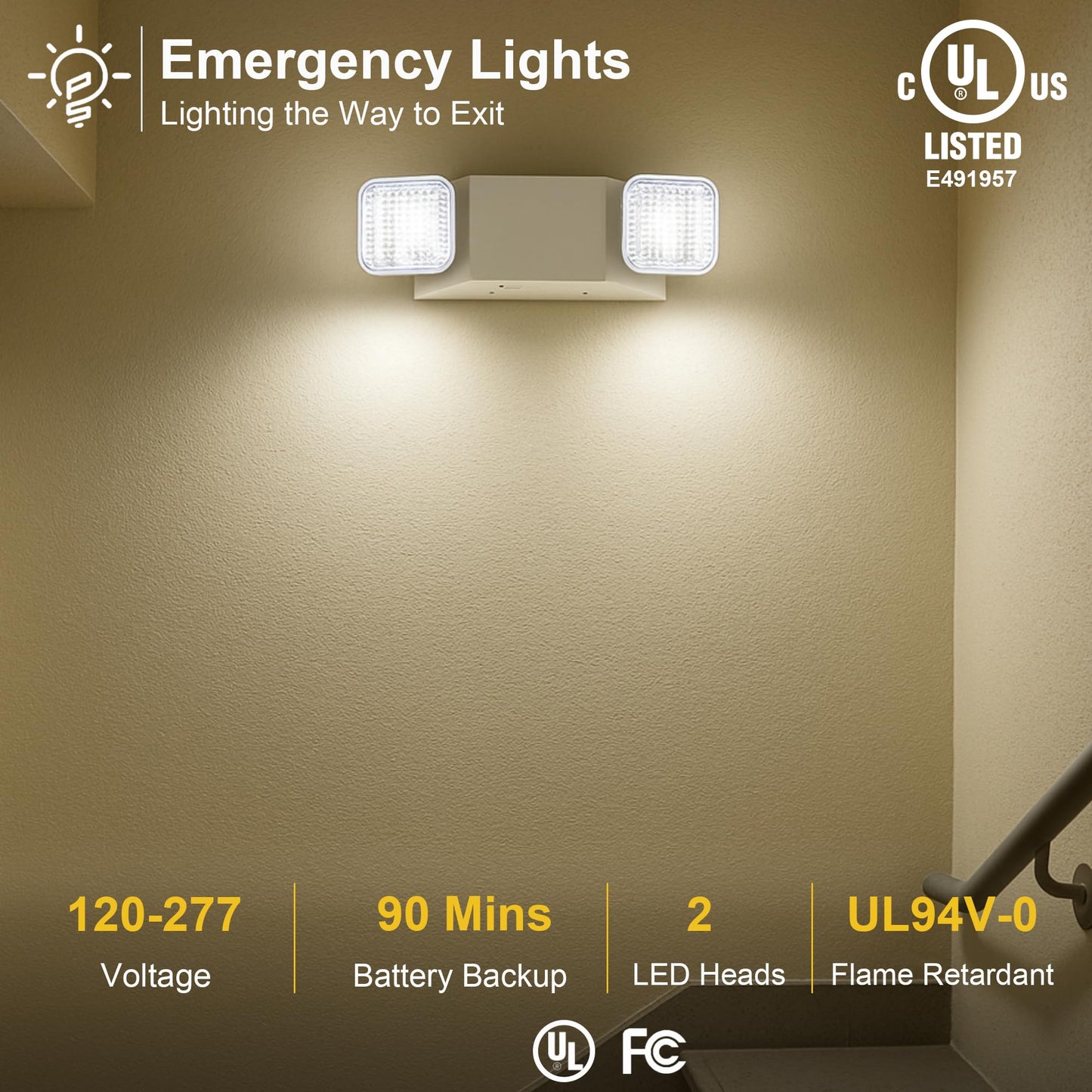 GRUENLICH LED Commercial Emergency Light with Dual Head and Backup Battery, US Standard, AC 120-277V, Hardwired Emergency Light Fixtures for Business Office Power Outages, 4-Pack