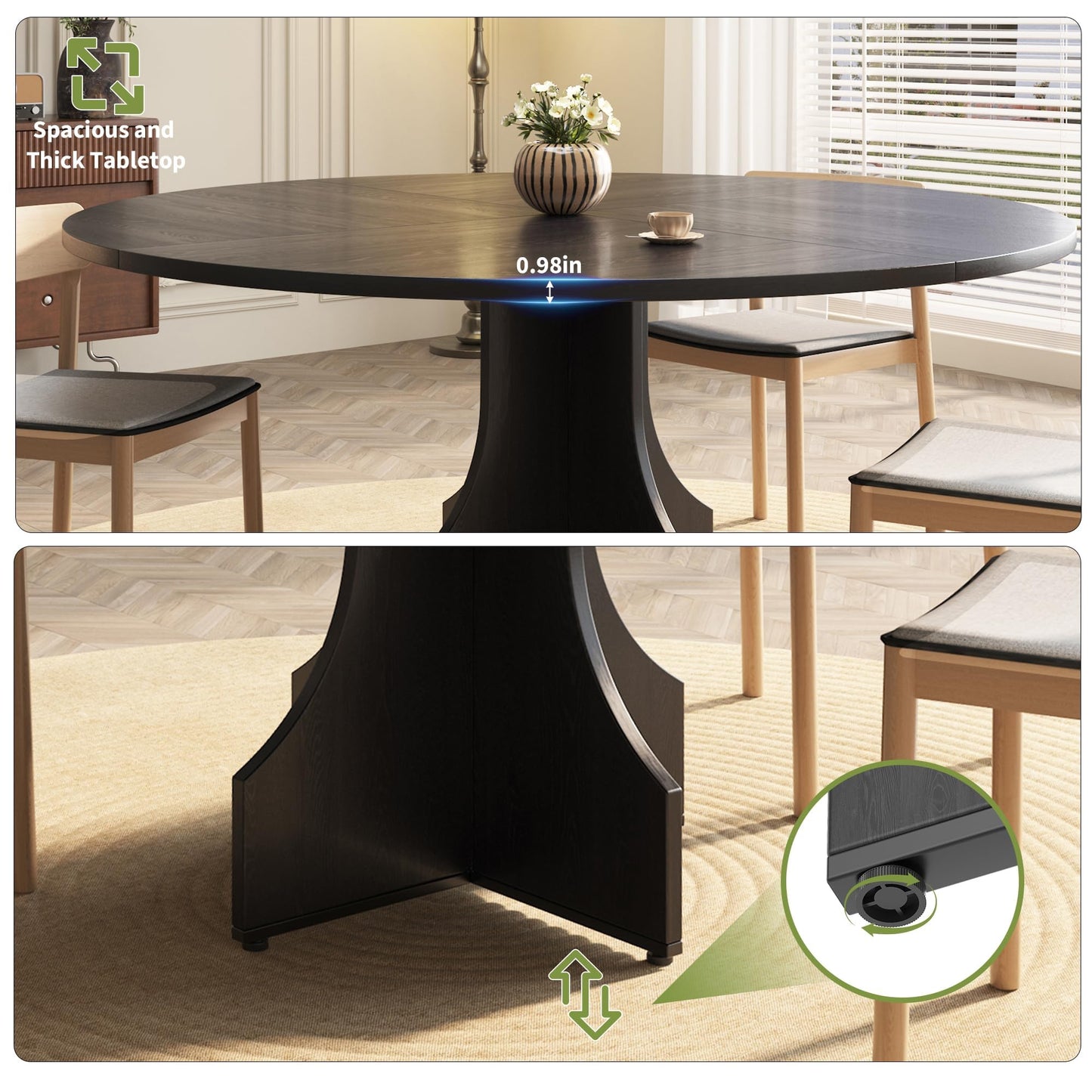 Round Dining Table 47 Inch for 4-6 People, 0.98 Inch Thick Tabletop with Adjustable Feet, Sturdy Legs, Easy to Clean & Assemble, Modern Kitchen Dining Room Table for Small Space Apartment, Black