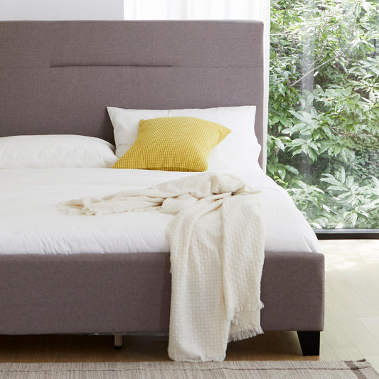 Livinia Amelia Twin Size Platform Bed, Fabric Upholstered Twin Bed Frame with Height Adjustable Headboard Footboard, Strong Wood Slats, No Box Spring Needed, Brown