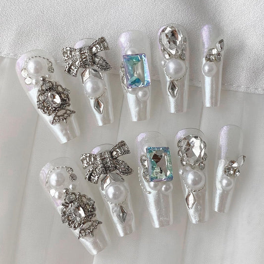 Ballerina Shaped Luxury Press on Nails - White Valentine | Valentine's Day Artificial False Nails Long Coffin, Glossy Fake Nails with 3D Pearls & Sparkling Diamond, Salon Quality Reusable Nails Kit