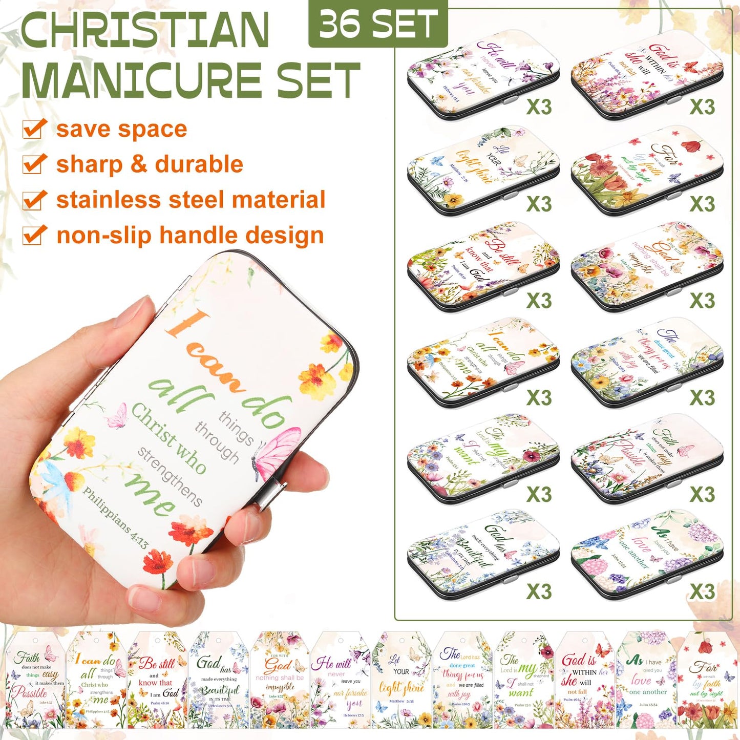 Shinymoon Manicure Sets Stainless Steel Nail Clipper Set with Card Religious Gift(36 Sets,Floral Style)