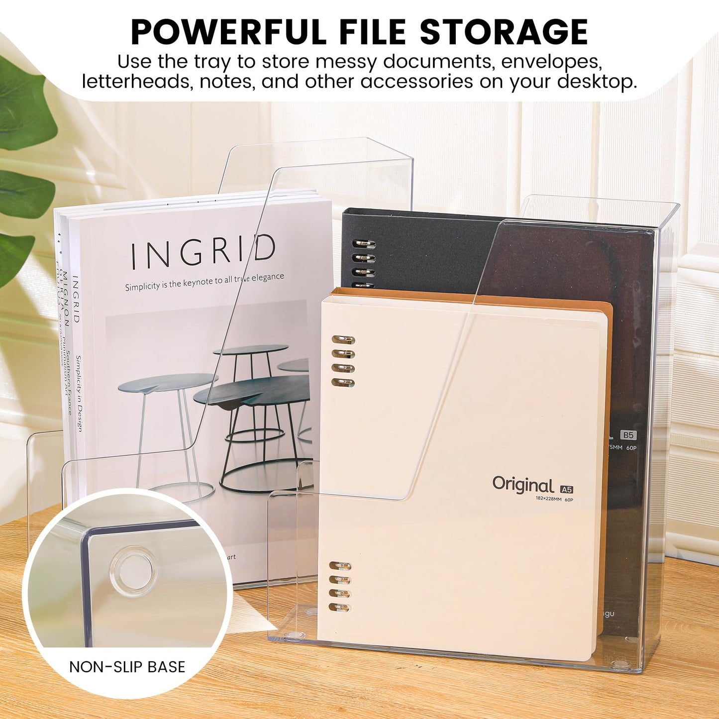 CiWiVOKi Vertical File Holder, PET Desk Organizer, Multi-purpose Plastic Document Storage Bins for Magazines, Binders, Notebooks, Envelopes, 2 Pack