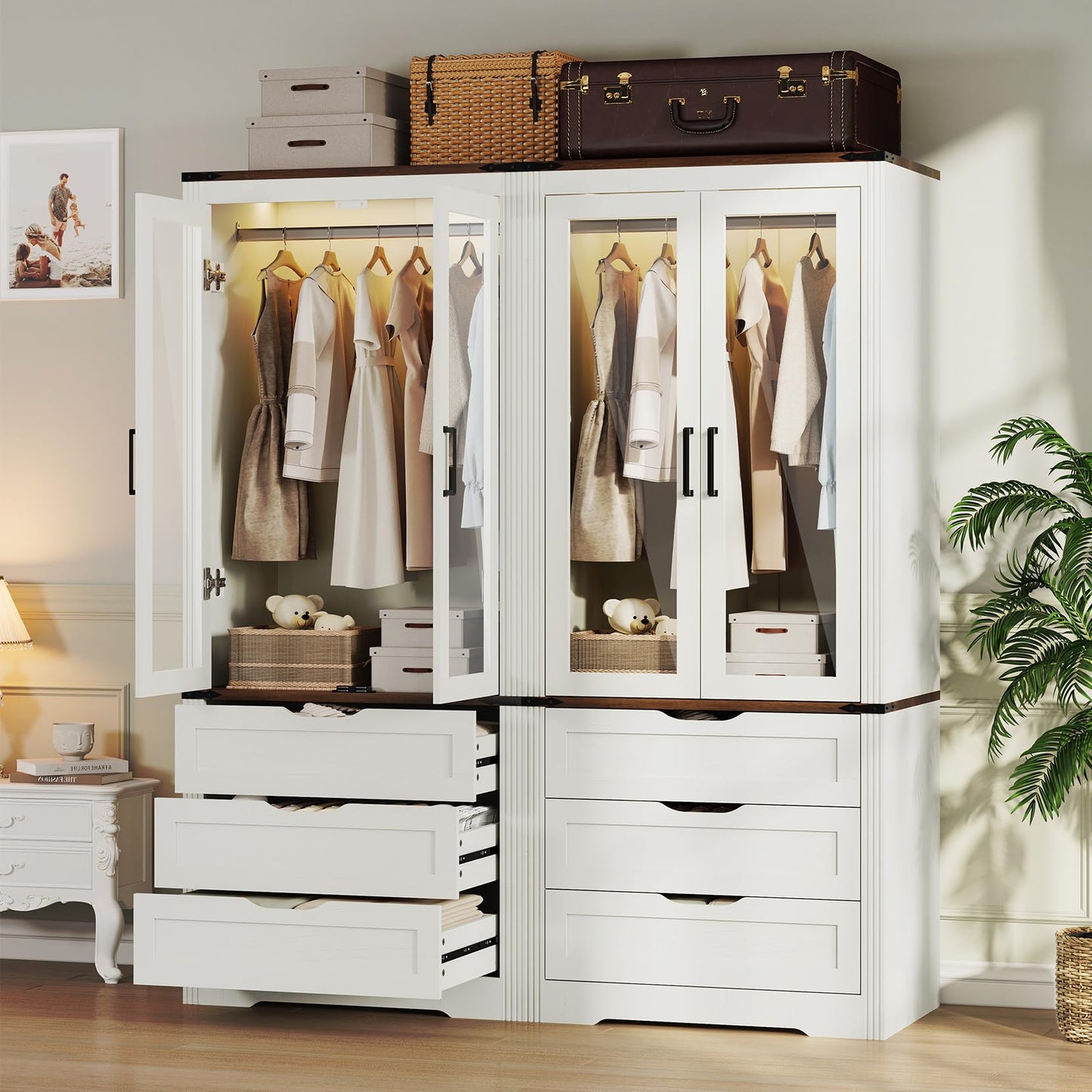 Concho 73'' Tall Farmhouse Armoire Wardrobe Closet with LED Light, Wood Wardrobe Closet with 2 Doors 3 Drawers, Freestanding Bedroom Armoire Clothing Storage Cabinet, White