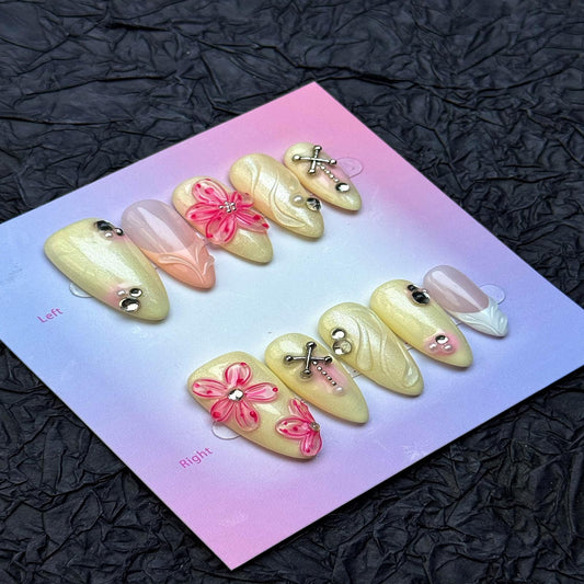 100% Handmade Press on Nails Medium Almond Handmade Nails with Rhinestone Pink Flower Charm Design Beige False Nails White French Tip Nail Press ons Spring Summer Fake Nails for Women Size L 10Pcs
