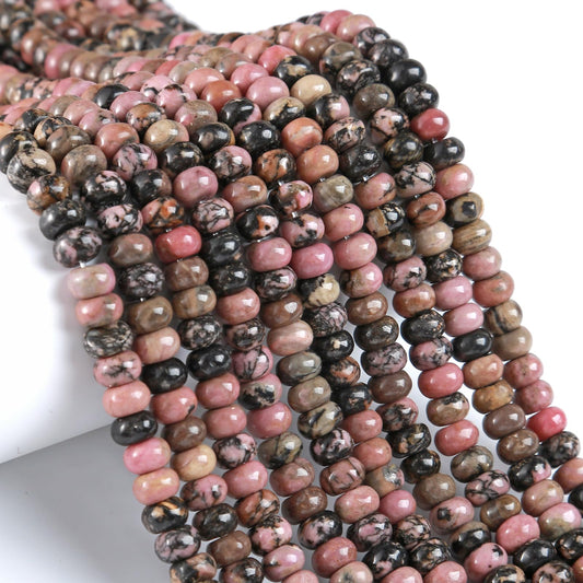 5x8mm 76pcs Natural Black Lace Rhodonite Stone Rondelle Spacer Loose Beads Abacus Disk Stone Round Loose Gemstone Beads for Jewelry Making DIY Bracelet Necklace