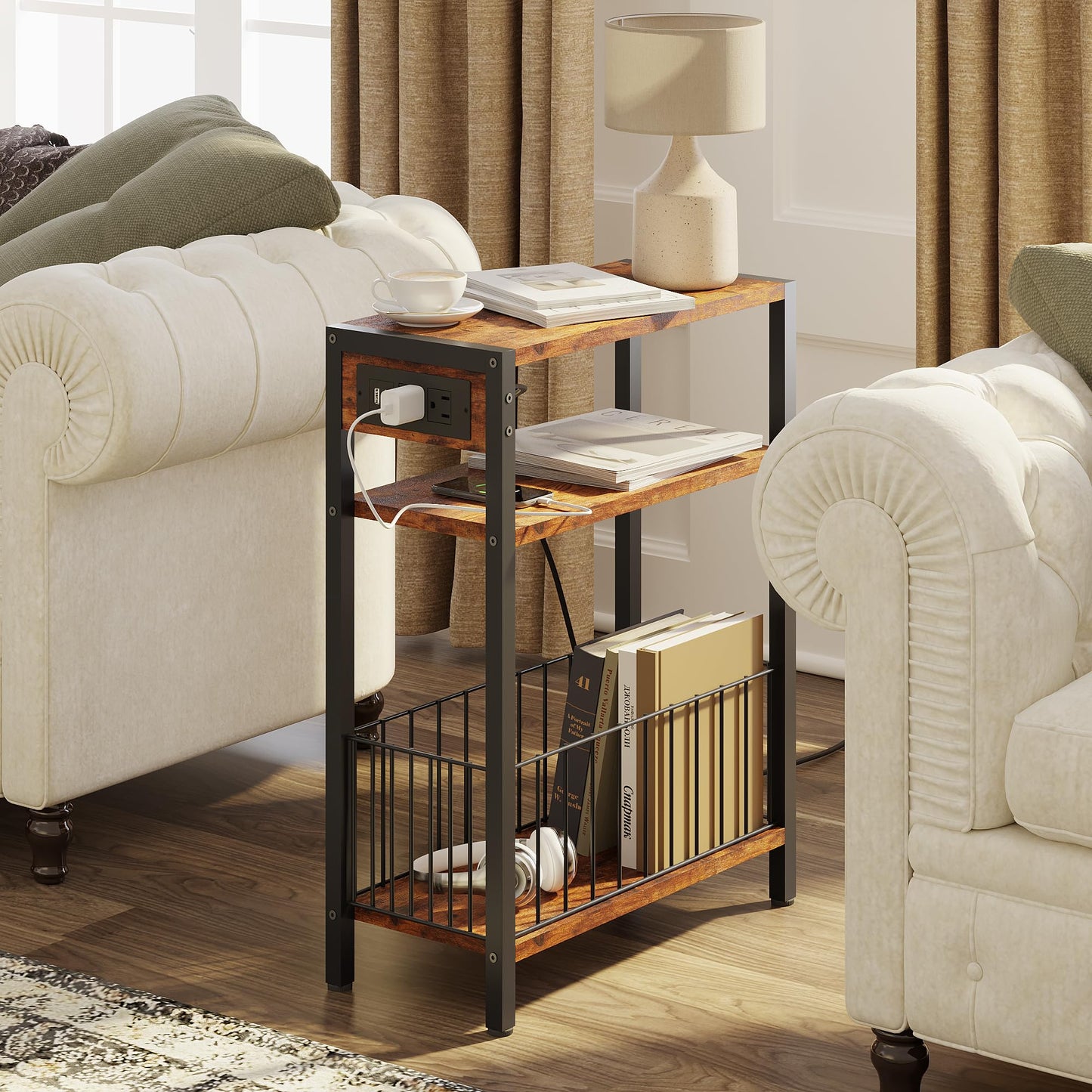 TRIFEBLE Narrow Side Table with Charging Station, Small End Table for Small Spaces, Slim Nightstand with Storage Basket, 3 Tier Skinny Bedside Table for Living Room, Bedroom, Rustic Brown