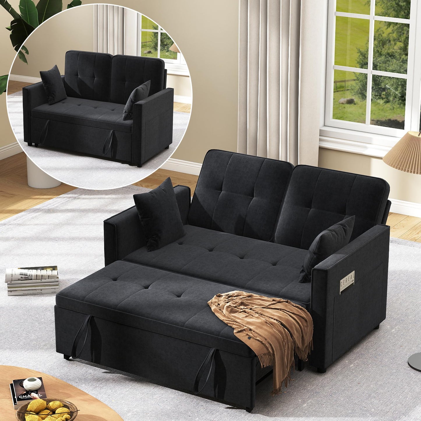 Nyvoral Loveseat Sleeper Sofa Bed Couch: Queen Sleeper Chair Pull Out Bed for Living Room, Black Velvet Couch Beds for Small Spaces, 3 in 1 Convertible Sofa with Armrests