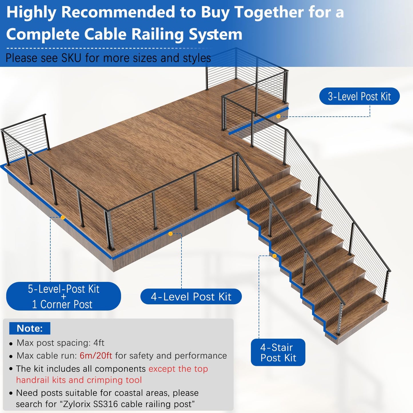 Zylorix 12ft-16ft Modular Cable Railing Post Kit 42" T304 Stainless Steel 4 Level Post Kit, Surface Mount Black Cable Railing System for Decks Length Adjustable Easy DIY, 213ft 1/8" Wire(No Handrail)
