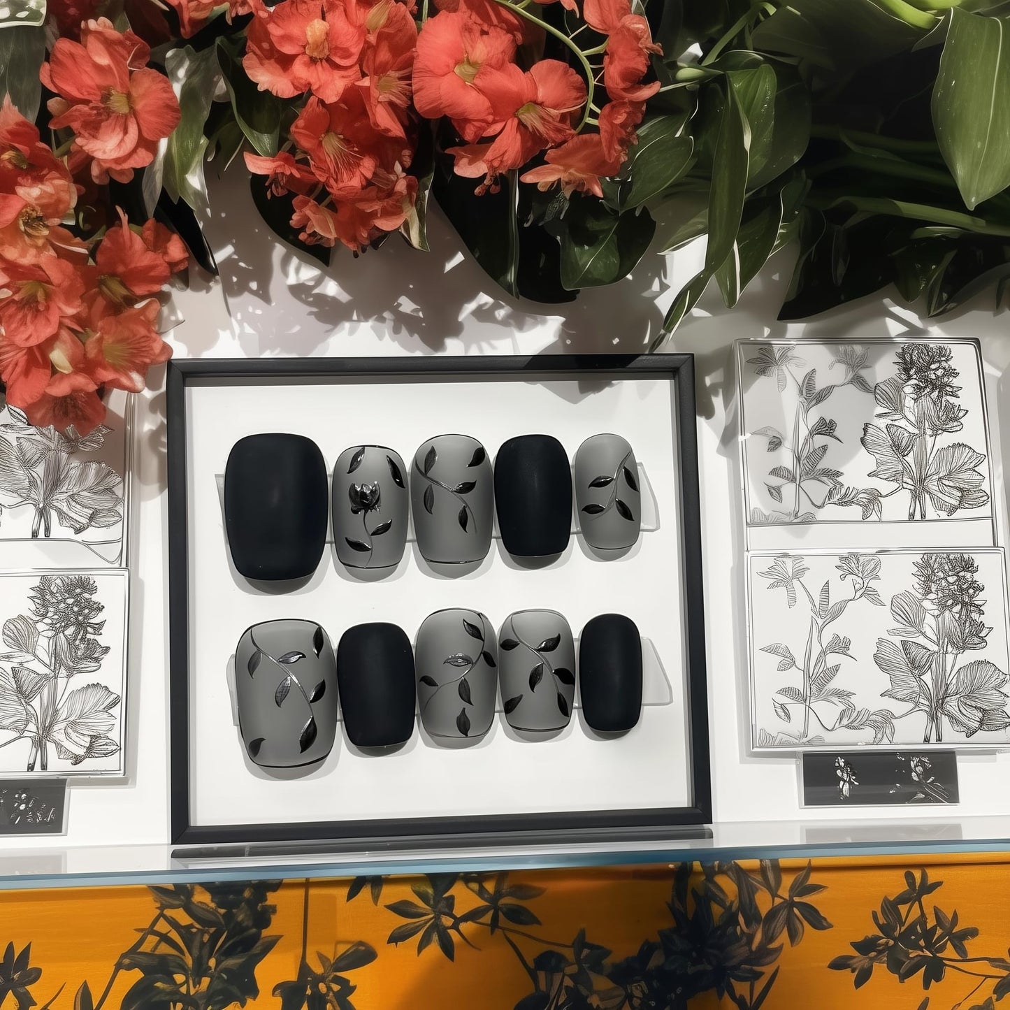 Fine Point Handmade Salon-Quality Fake Nails, Short Press On Nails, 3D Design, Matte Black Lace, See-Through, Elegant Reusable Acrylic Nails, 10 Pieces (Size Medium)