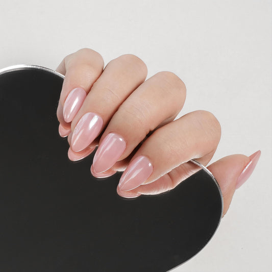 Nailique Press On Nails Short Almond – Handmade Chrome Glazed Donut Soft Gel Ombre Nude Pink, 26pcs Reusable Nail Tips with Glue & Remover, Salon Quality Valentine Bridal Wedding Manicure