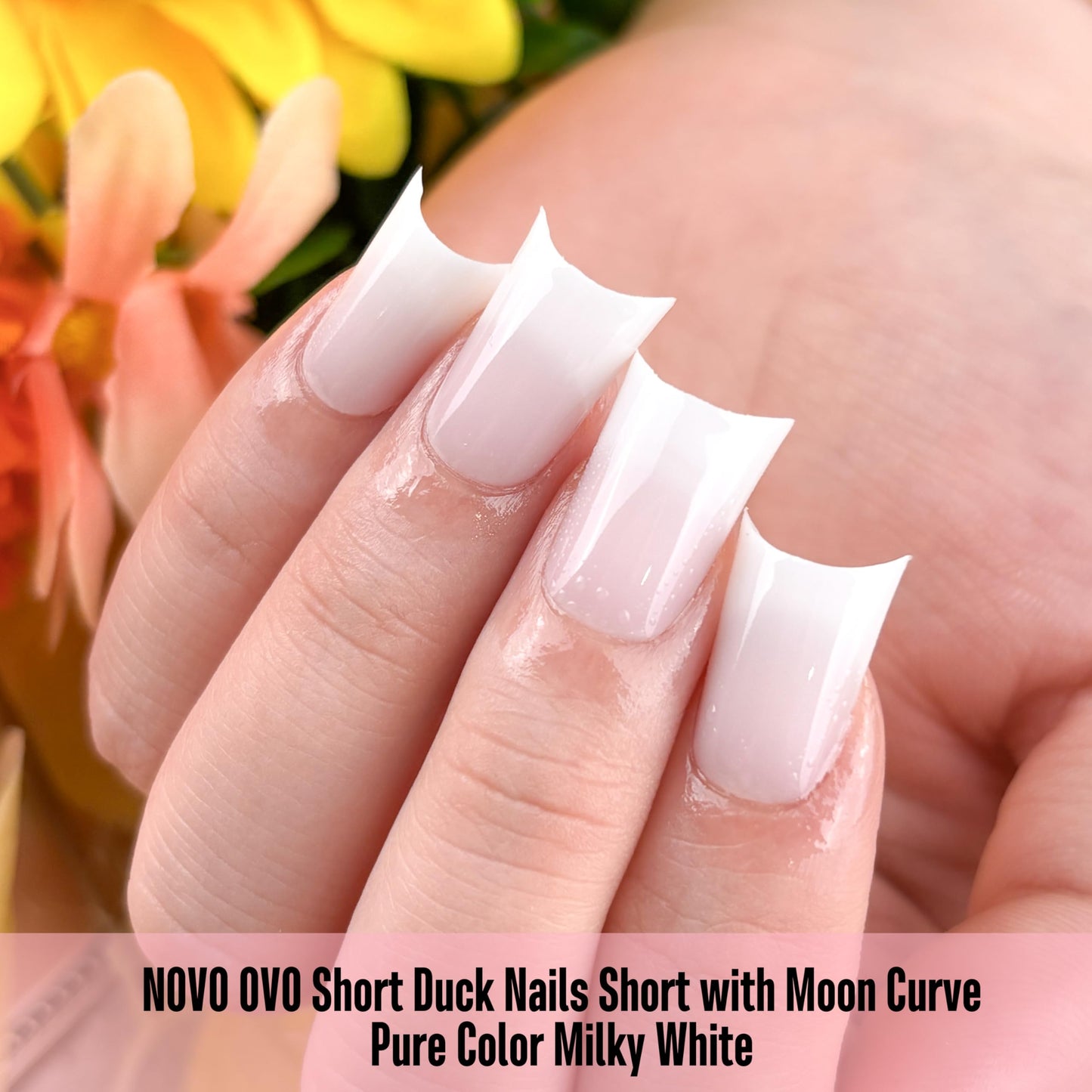 NOVO OVO Short Duck Nail Tips 240Pcs - Solid Milky White Soft Gel Flare Duck Feet Nails for Wide Nail Beds, Thick Full Cover False Nail Press Ons, Pre-Shaped Y2K Style Manicure (15 Sizes)
