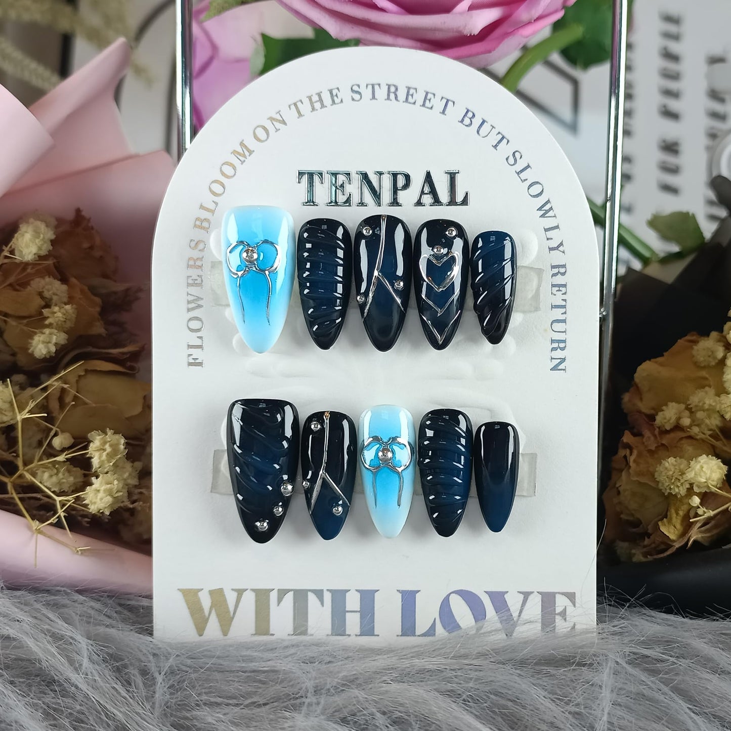 TENPAL Metal Embellished Fake Nails Almond Shape,Navy Blue Glossy Fake Nails with Silver Bows & Steel Beads,3D Water Drop Design Handmade Soft Gel Nails,Sweet Acrylic Press on Nails,10pcs S Size