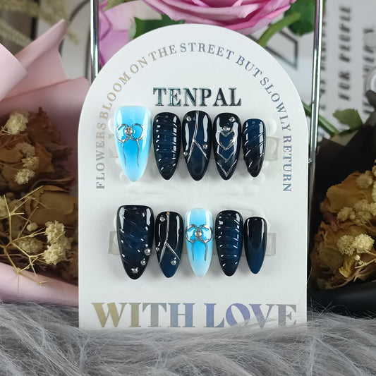 TENPAL Metal Embellished Fake Nails Almond Shape,Navy Blue Glossy Fake Nails with Silver Bows & Steel Beads,3D Water Drop Design Handmade Soft Gel Nails,Sweet Acrylic Press on Nails,10pcs S Size
