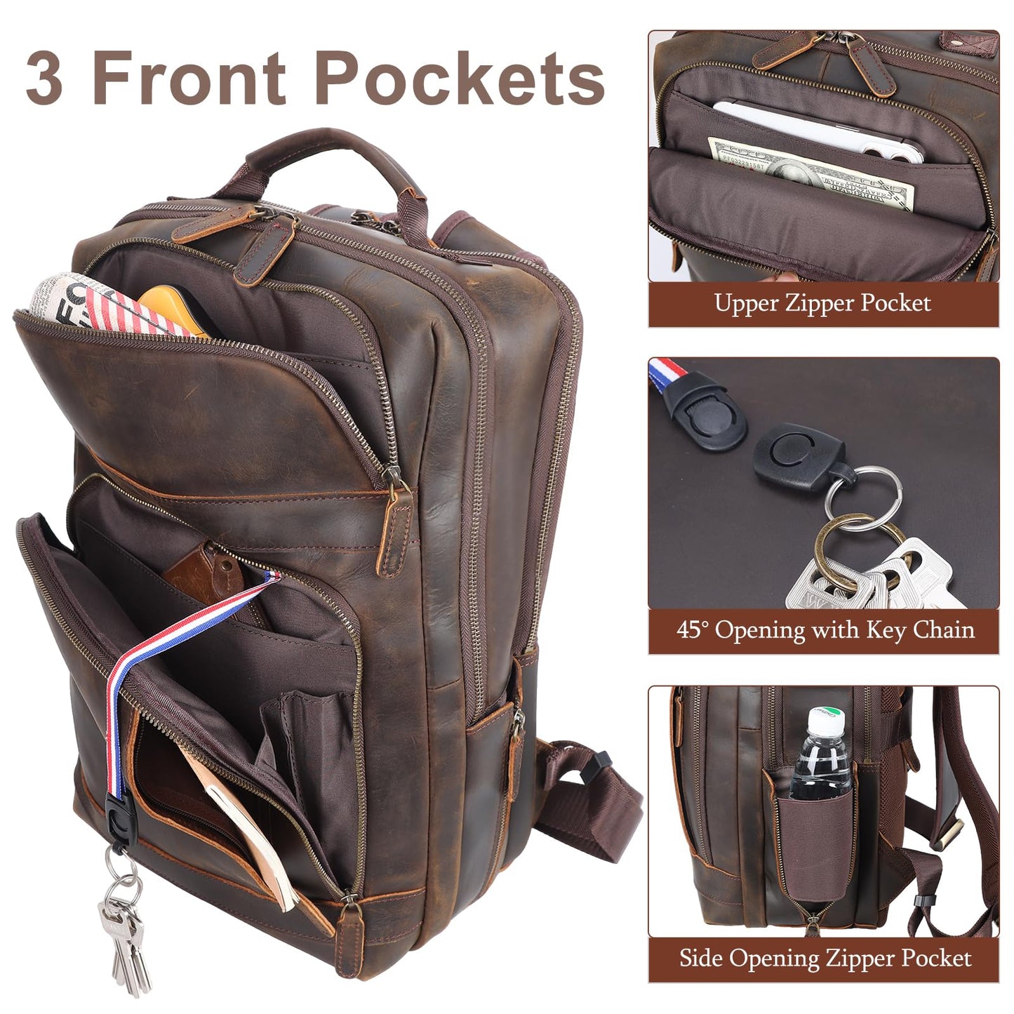 Masa Kawa Brown Leather Laptop Backpack for Men Fits 16” 15.6” Computer, Vintage Business Travel Work Large Daypack Weekender Bag Camping Rucksack