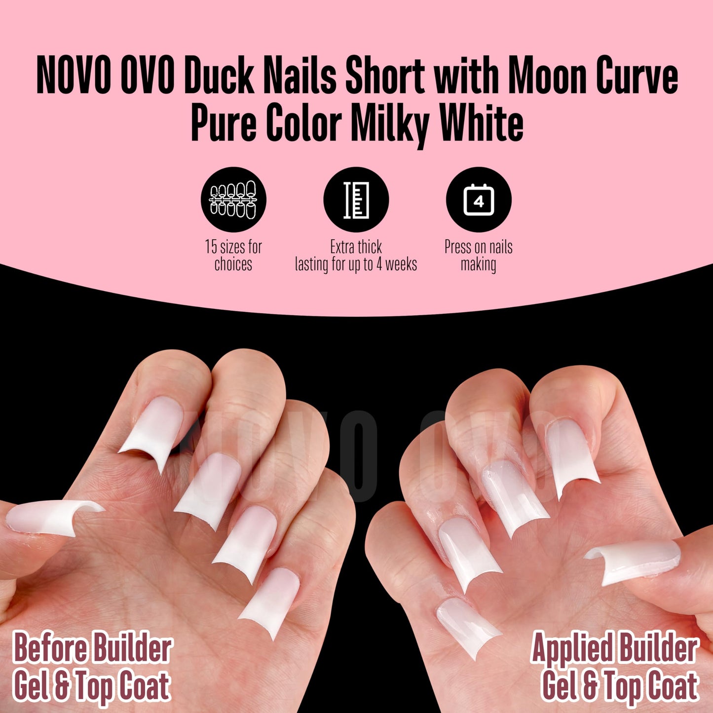 NOVO OVO Short Duck Nail Tips 240Pcs - Solid Milky White Soft Gel Flare Duck Feet Nails for Wide Nail Beds, Thick Full Cover False Nail Press Ons, Pre-Shaped Y2K Style Manicure (15 Sizes)