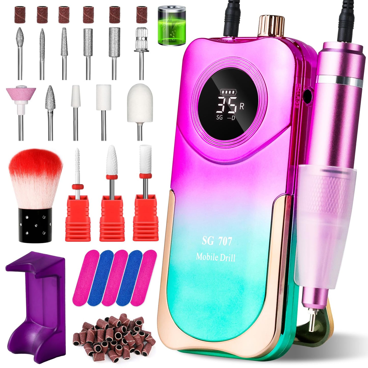 Moskany Professional Electric Nail Drill Kit 35000RPM with 14PCS Bits Purple Green Portable Rechargeable Cordless File Machine for Acrylic Gel Powder Nails and Manicure Pedicure Toenail Tool Salon Set