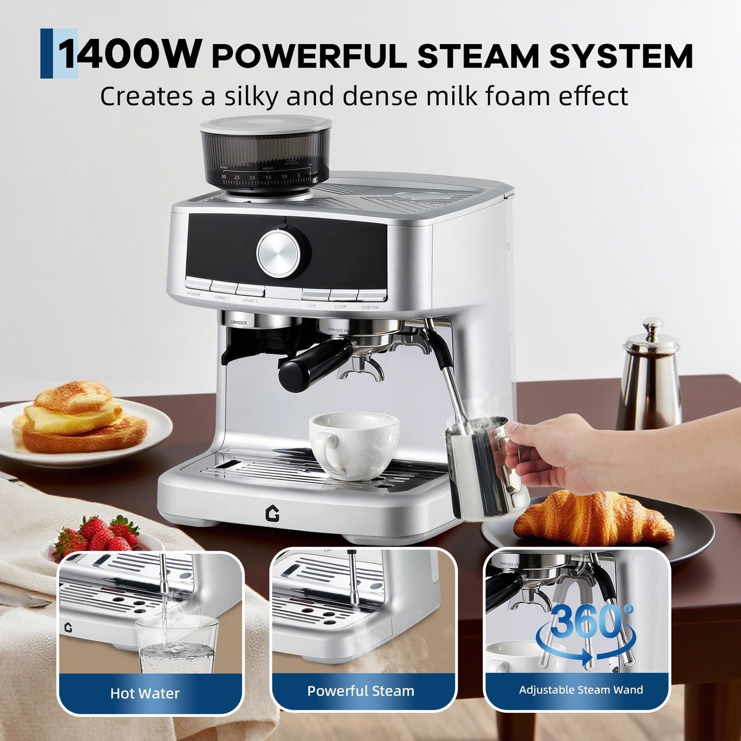 OUTLANE Espresso Machine with Grinder - 20 Bar Pressure, Stainless Steel Build, 1.5L Removable Water Tank, Milk Frother & Steam Wand for Latte/Cappuccino, Adjustable Espresso Shot Volume - Professiona
