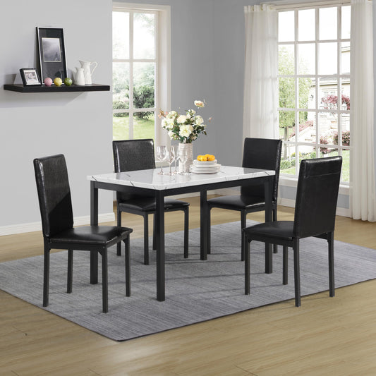 Roundhill Furniture 5 Piece Citico Metal Dinette Set with Laminated Faux Marble Top, White Table with Black Chairs