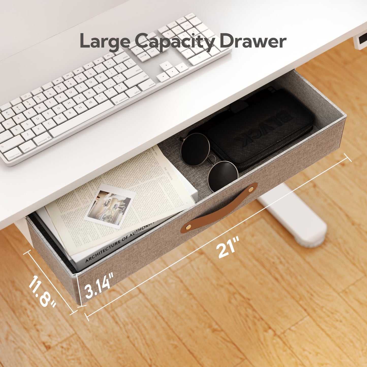 Seang Standing Desk with Drawer, 55" x 24" Height Adjustable Stand Up Desk, 3 Memory Height Settings with Cable Grommets & Storage Hooks, Ideal for Home & Office, White