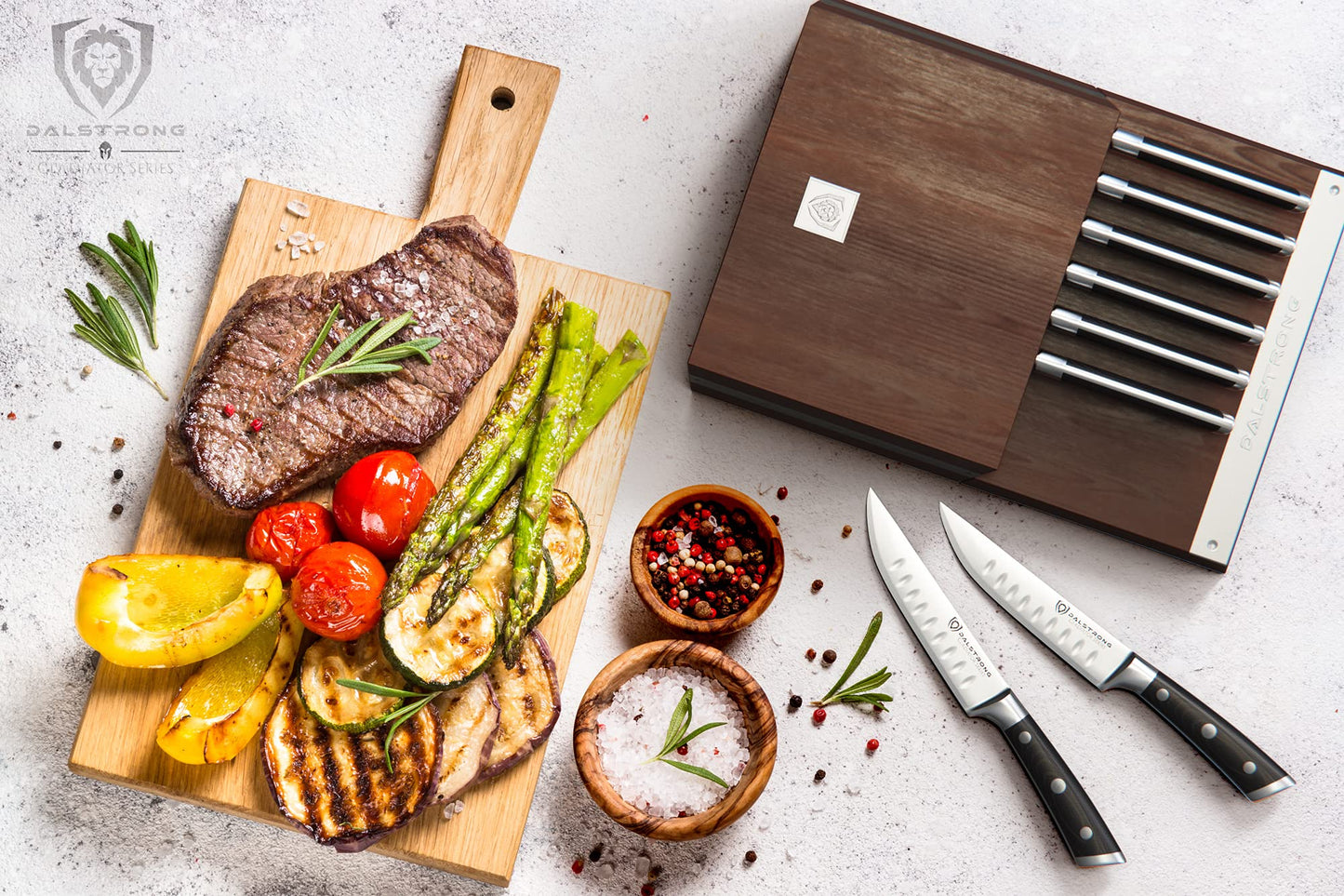 Dalstrong Steak Knife Set - 8 Piece - 5 inch Straight Edge Blade - Gladiator Series Elite - Forged High-Carbon German Steel Dinner Kitchen Knife - Black G10 Handle - Folding Block Set - NSF Certified