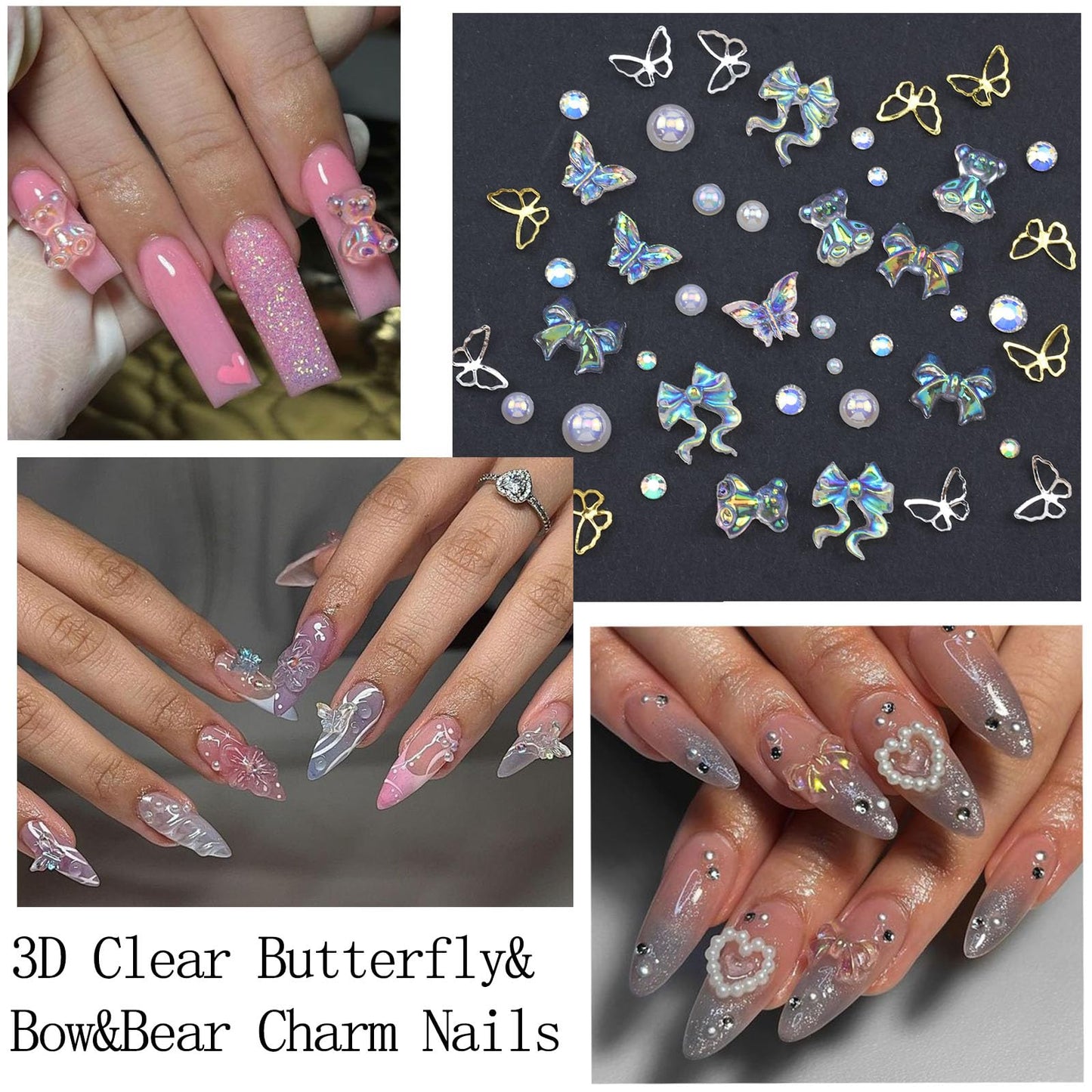 SEMATA White Flower Nail Art Charms 3D Flower Bow Nail Gems Mixed Size Flatback Nails Pearls Rhinestones Gold Silver Butterfly Nails Art Accessories Decoration Design for Women