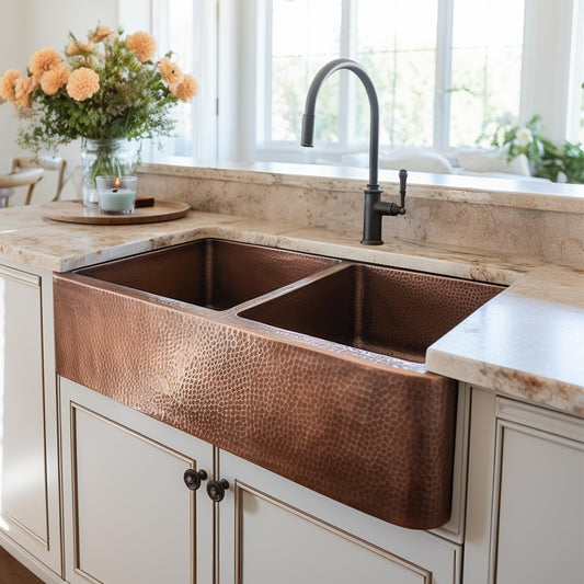 Sinkology Lange 32 Inch Farmhouse Copper Sink - Handcrafted Hand-Hammered Solid Pure Copper Double Bowl Apron Front Farm Sink for Kitchen Remodel - Fits 36-Inch Cabinet - Sinkology Everyday Promise