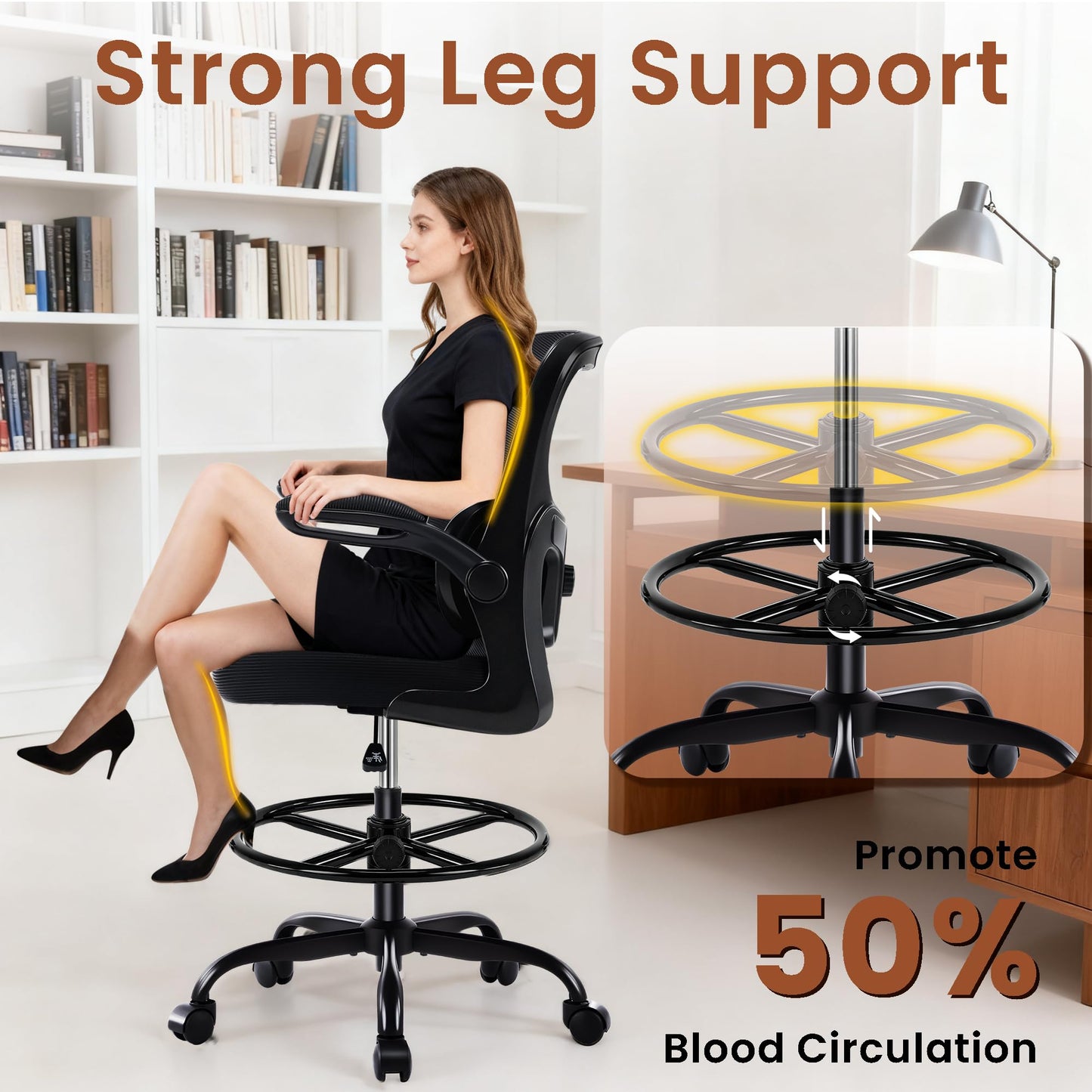AreShark Drafting Office Chair - Ergonomic Tall Office Chair with Adjustable Footrest Ring - Counter Height Adjustable Rolling Standing Desk Chair with Lumbar Support and Flip-up Armrests for Home