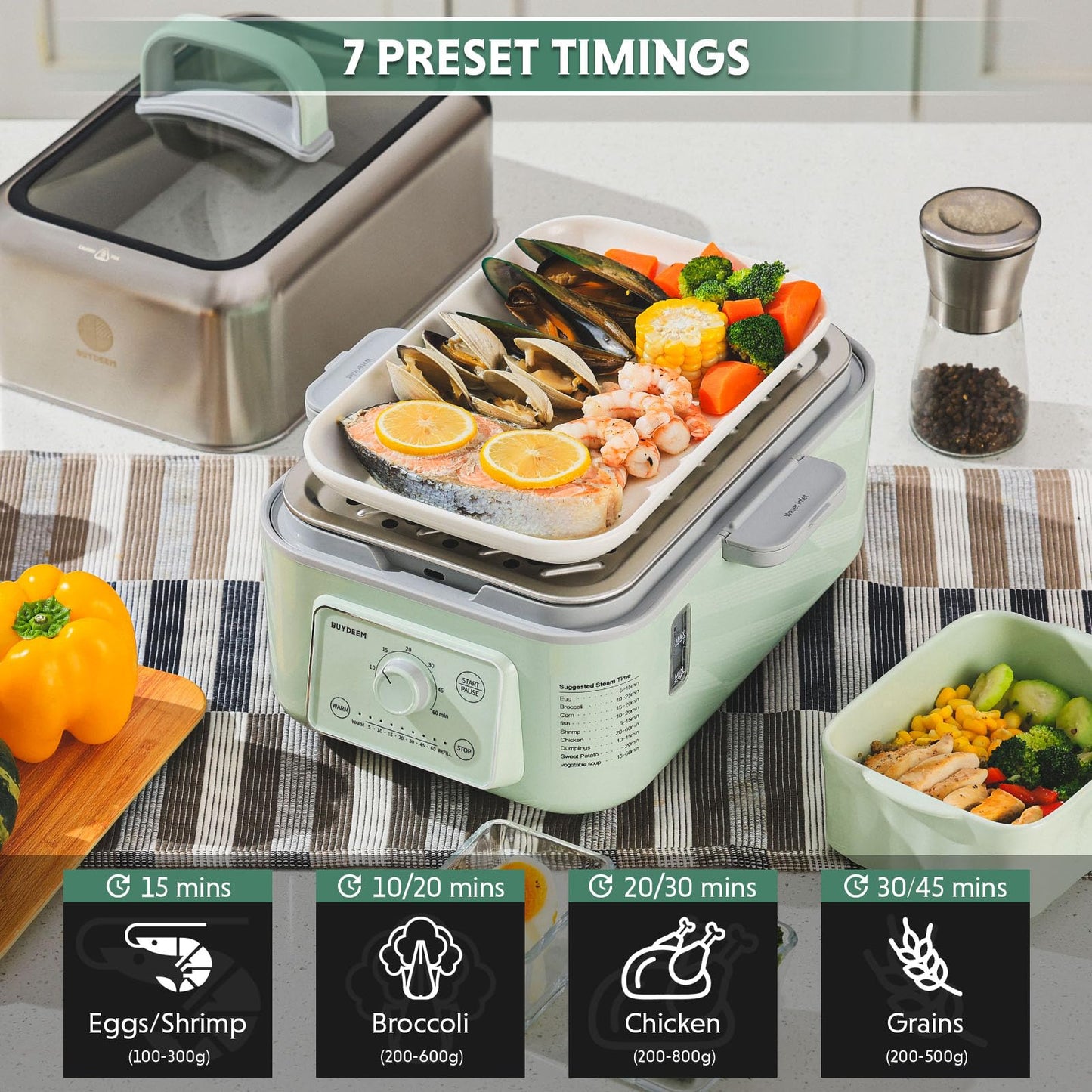BUYDEEM G52 5.3 Quart Electric Food Steamer for 2-4 Servings, Vegetable Steamer for Cooking, 2-hour Keep Warm, 7 Preset Timings, Dual Boil-Dry Protection, Stainless Steel, Cozy Greenish