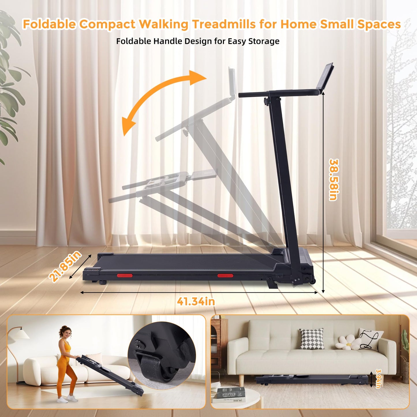 POTUPUS Walking Pad with Handle Bar, 0.6-10MPH Walking Pad Treadmill for Home Small, 3.5HP Portable Small Running Treadmill with Handles, Big Screen, 400LBS