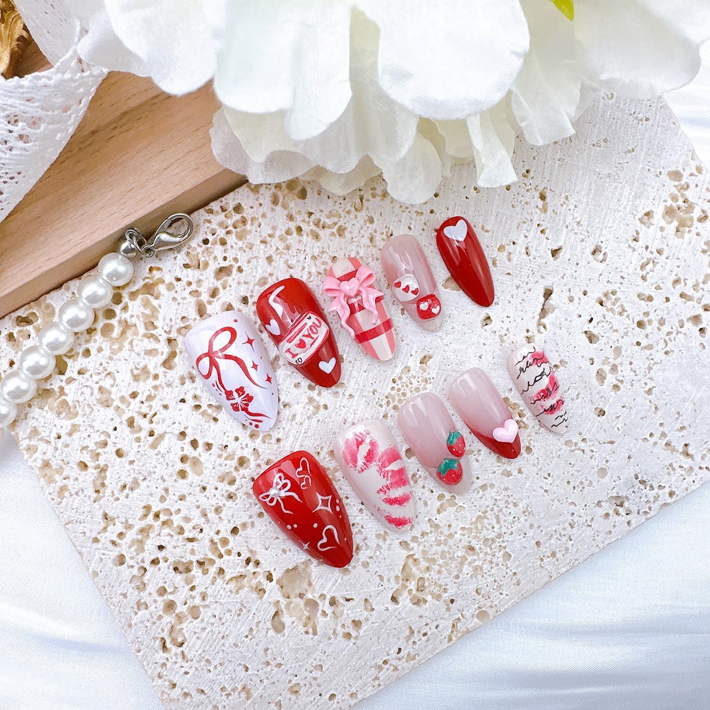 24Pcs Valentines Press on Nails Medium Almond Fake Nails with Heart Bow Rhinestones Romantic Red Lips False Nails 3D Strawberry Acrylic Nails Valentine Hearts Full Cover Stick on Nail for Women