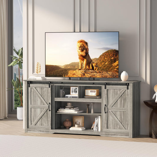 Garvee 70" Farmhouse TV Stands for 80" Television, Entertainment Center with Sliding Barn Door, Media TV Console Table with Storage & Adjustable Shelves for Living Room, Dark Grey