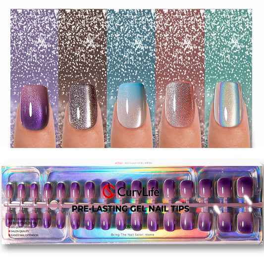 CurvLife Soft Gel Cat Eye Press On Nails, 160Pcs 32Size Short Square Full Cover Nail Tips, Glossy Glitter Light-Chasing Design, Reusable Stick On Nails for Women & Girls