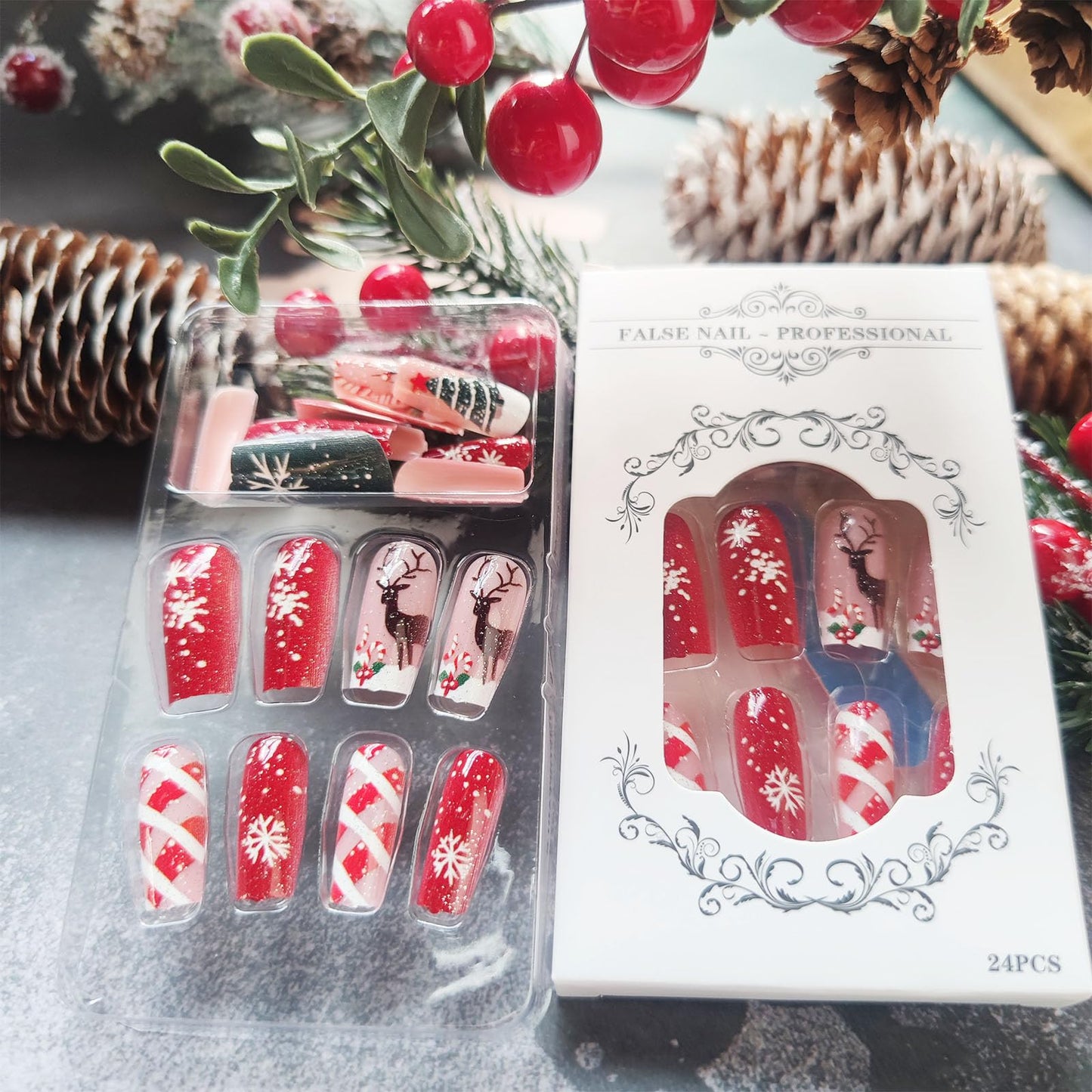 24Pcs Brown Elk Press on Nails Christmas Tree Gel Glue on Nail Christmas Medium Square False Nails Snowflake Stick on Fingernails Glossy Red Stars Acrylic Fake Nail for Women Xmas Gift