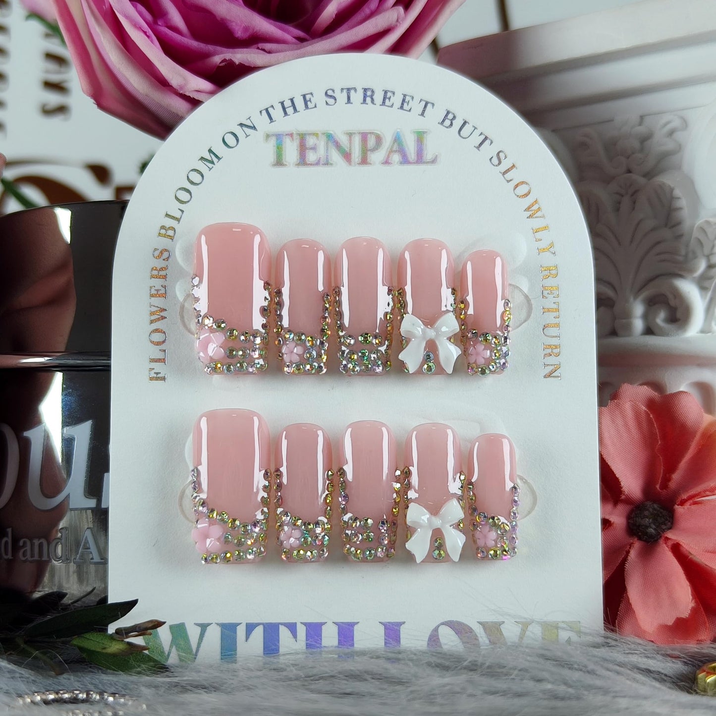 TENPAL Handmade French Tip Press on Nails Medium Coffin 3D Bow Rhinestone Glitter Pink Cute Sweet Girly Reusable Daily Wear Salon Acrylic False Nails 10PCS(M)