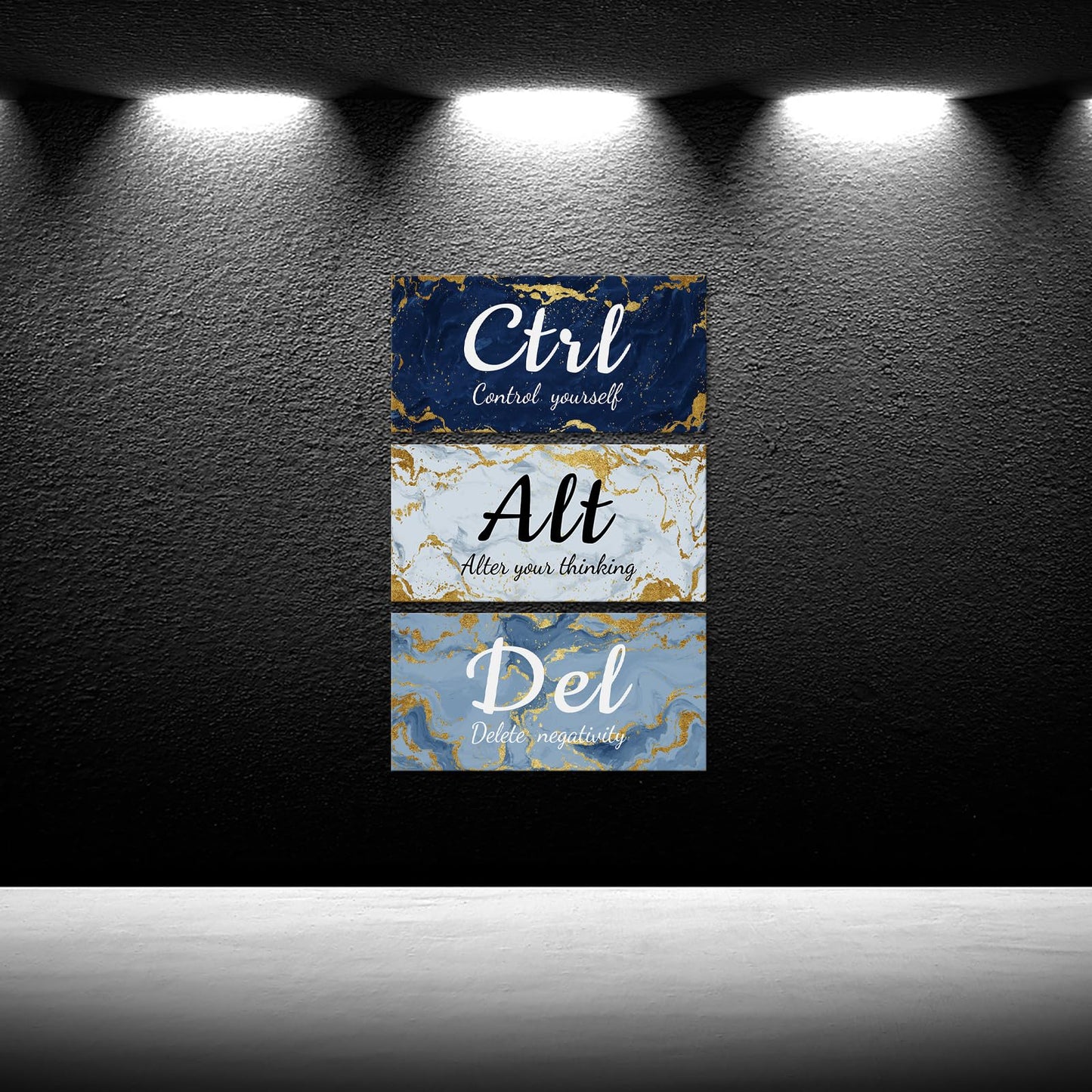 iKNOW FOTO 3 Pieces Blue Grey and Gold Wall Art CTRL ALT DEL Office Canvas Prints Marble Inspirational Quotes Motivational Wall Decor Each Panel 6x12''