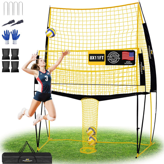 PodiuMax Volleyball Training Equipment, 11x8FT Adjustable 6.5–8 ft, Volleyball Practice Net for Serve & Spike, 2-in-1 Train & Play, Fast Setup, Stable Frame Training Net for Backyard Indoor Outdoor