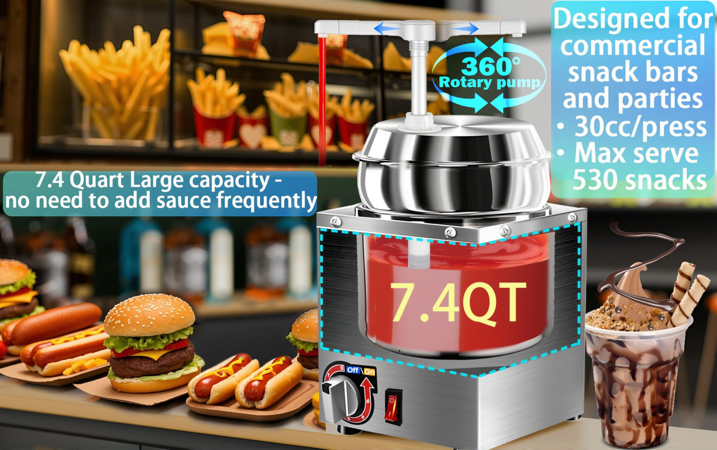 Nacho Cheese Dispenser, 7.4Qt Nacho Cheese Warmer with Pump, Stainless Steel Hot Fudge Warmer W/6-Level Temperature Adjustment, Commercial Sauce Dispenser for Butter Cheese Caramel