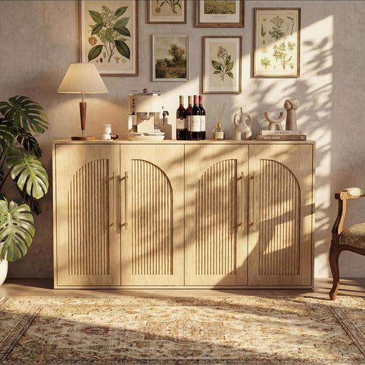 Seang Buffet Cabinet with Storage,55" Modern Arched Sideboard Cabinet with 4 Fluted Doors,Metal Handle and Adjustable Shelf,Wooden Console Table Credenza for Living Room,Entryway,Natural