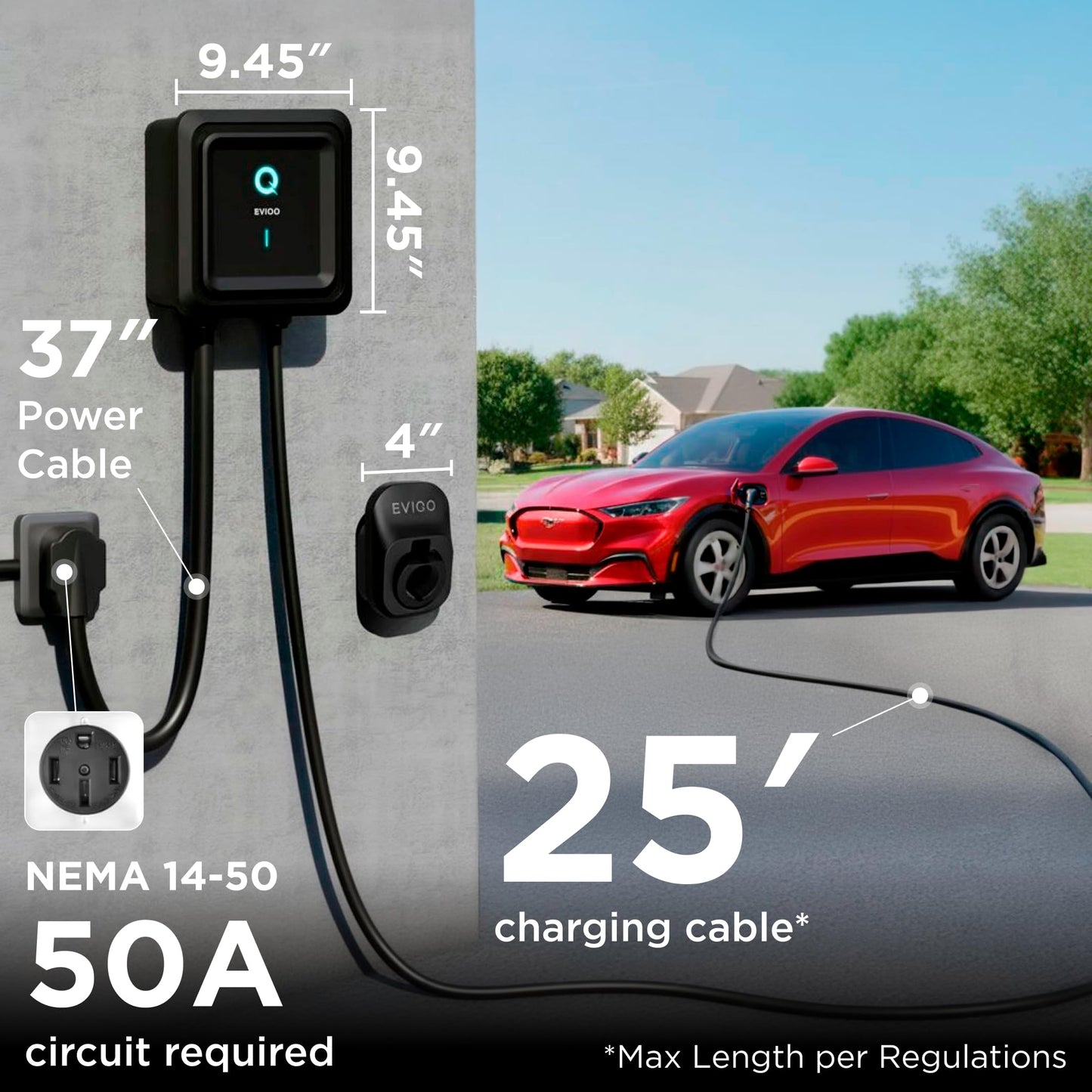 EVIQO Level 2 EV Charger, 40 Amp, J1772 for Non-Tesla EVs, 25ft Cable, WiFi (2.4GHz) Smart App, Weatherproof Indoor/Outdoor (IP66, NEMA 4), UL & ETL Certified, NEMA 14-50 Plug-in 240V, 9.6kW