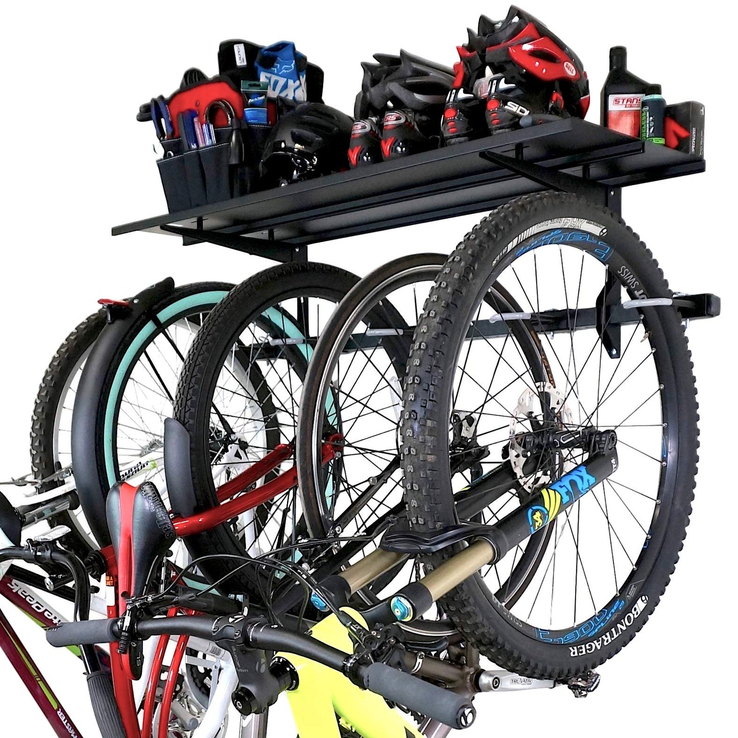 StoreYourBoard Bike Storage Rack with Shelf – Heavy Duty Garage Bike Storage Rack for 5 Bicycles, Adjustable Vertical Bike Rack, Bike Rack Shelf for Helmets & Gear, Holds 300 lbs