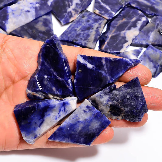 Natural Sodalite Slite Raw Slice Gemstone- Healing Crystals for DIY Jewelry Making -Loose Natural Cabochon -Perfect for Crafting Unique Jewelry Designs (5 pcs, 25-35 mm)