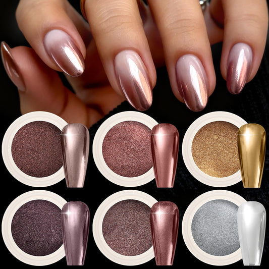 Furtherpretty 6 Colors Brown Chrome Nail Powder Set, Chocolate, Copper, Bronze Chrome Powder Pigments for Nails, Metallic Mirror Effect Glazed Nail Art Decoration, Fall Autumn Manicure Salon Supplies