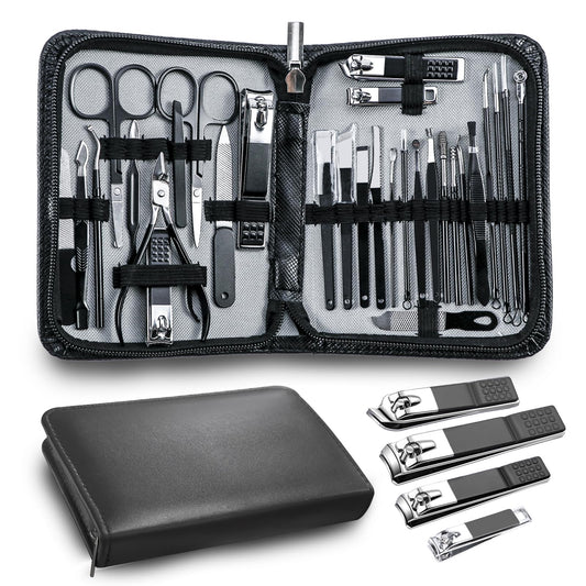 Manicure Pedicure Kit Professional 30pcs Complete Nail Care kit，fingernail and toenail Clippers and Manicure kit for Men with Travel Deluxe Beauty Tools Convenience Set (Black)