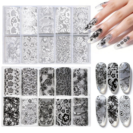 DANNEASY 20 Rolls Lace Nail Foil Transfer Lace Nail Art Foil Sheets Vintage Nail Foil Transfer Strips Stickers Wraps Manicure Decoration for Acrylic Nails Women Girl